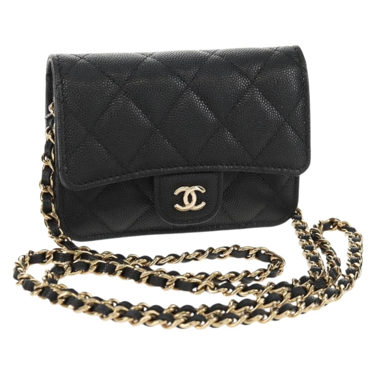 Chanel Classic Flap Clutch With Chain Quilted Caviar Black Leather Clutche & Pouche Bag (Pre-Owned)