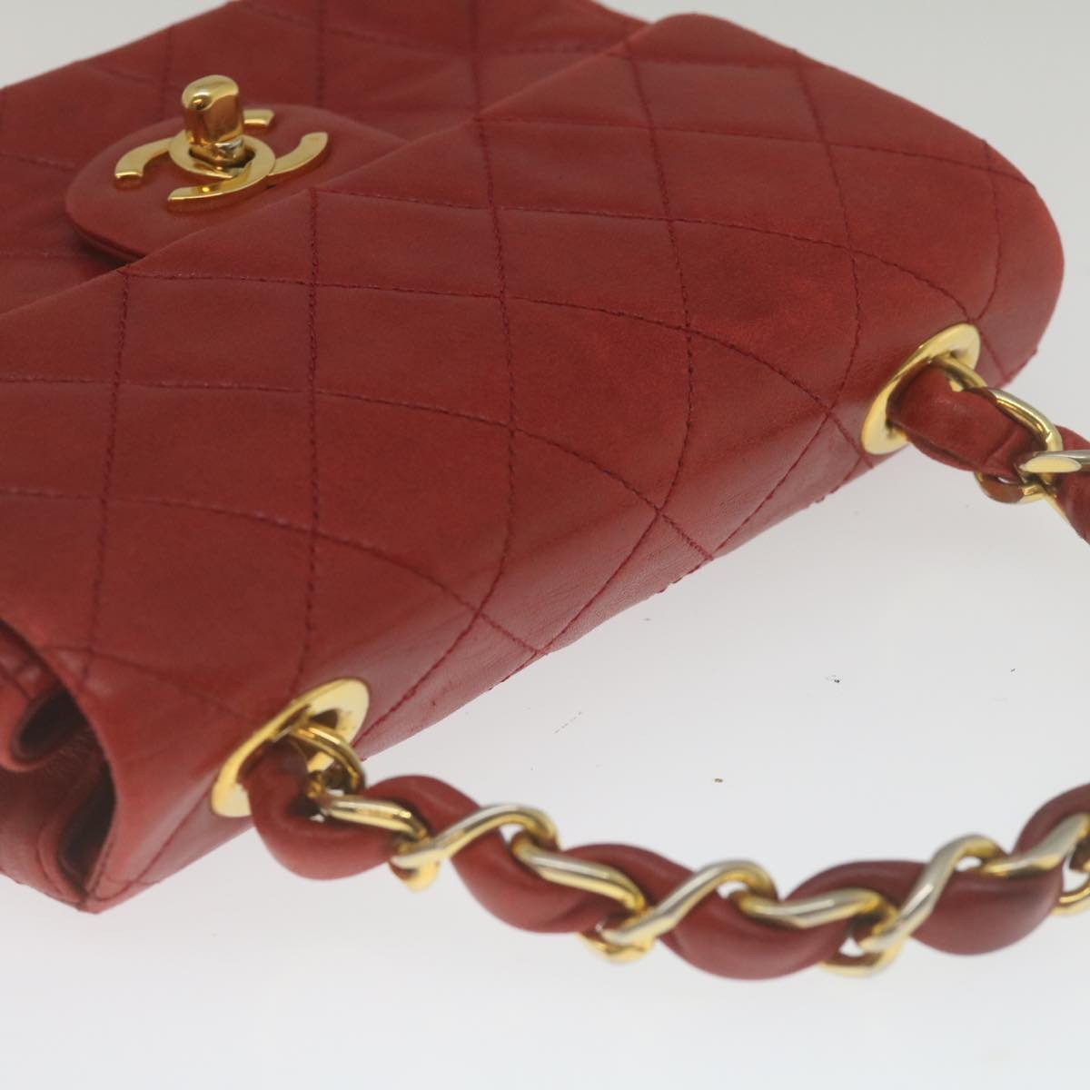 Chanel Vintage Square Chain Handle Flap Bag Quilted Lambskin Red Leather Handbag (Pre-Owned)