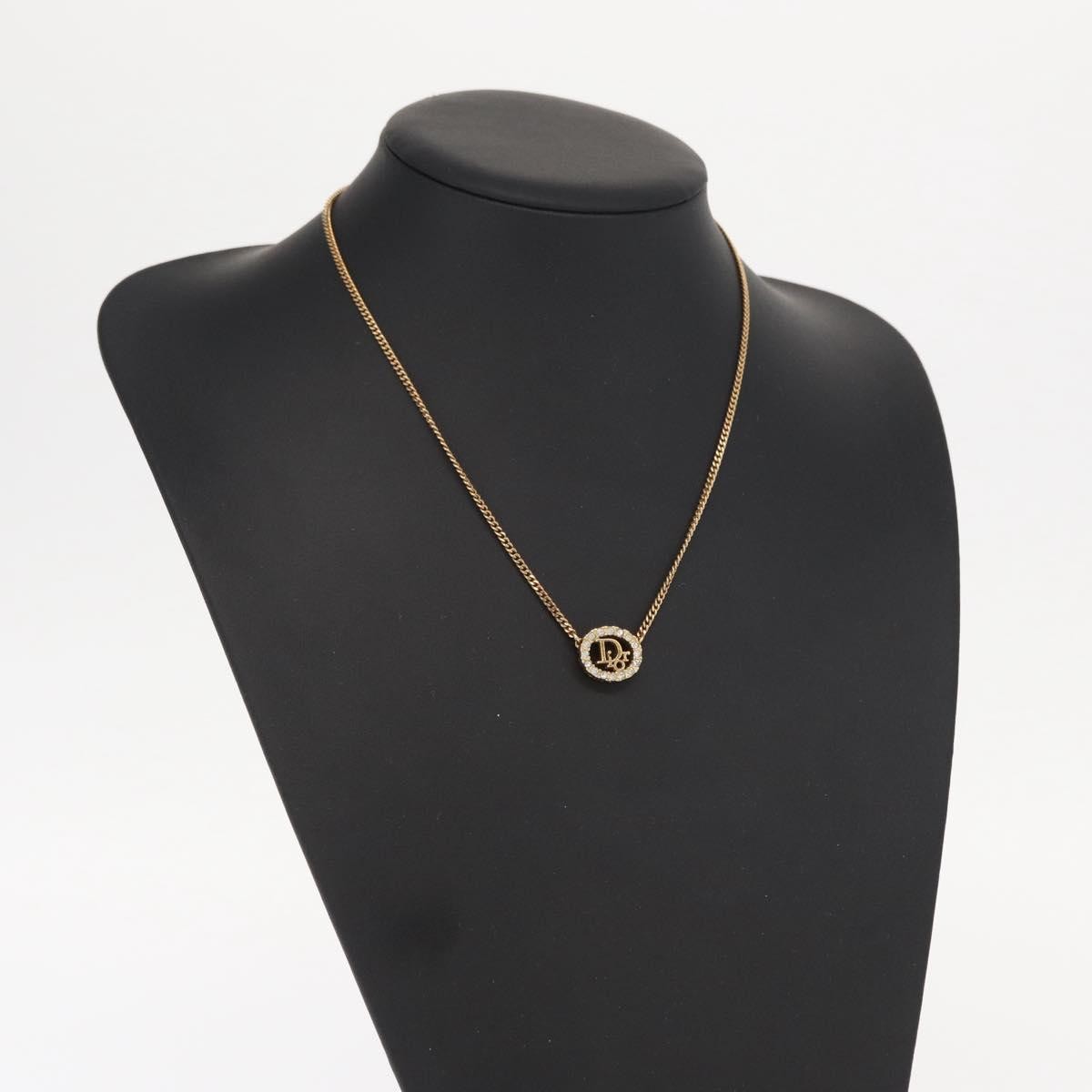 Christian Dior Vintage Logo Round Pendant Necklace Metal And Crystals Gold Metal Necklace Jewelry (Pre-Owned)