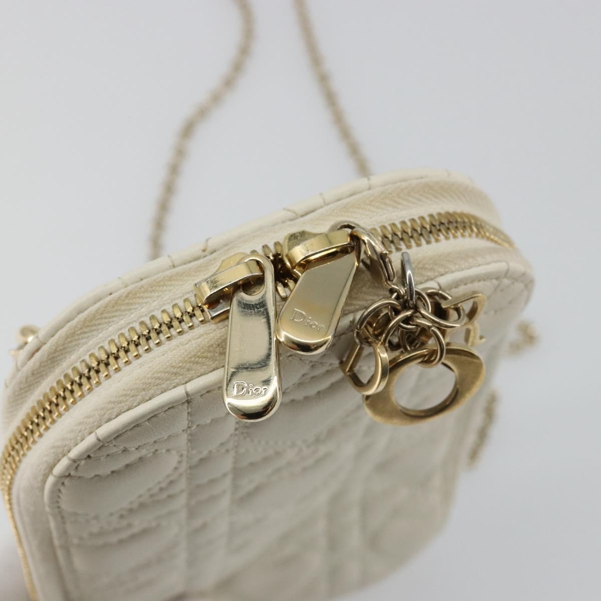 Christian Dior Lady Dior Phone Holder On Chain Cannage Quilt Lambskin White Leather Shoulder Bag Bag (Pre-Owned)