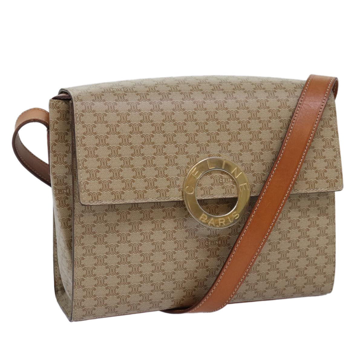 Celine Vintage Macadam Circle Logo Shoulder Bag Canvas And Leather Beige Canvas Shoulder Bag Bag (Pre-Owned)
