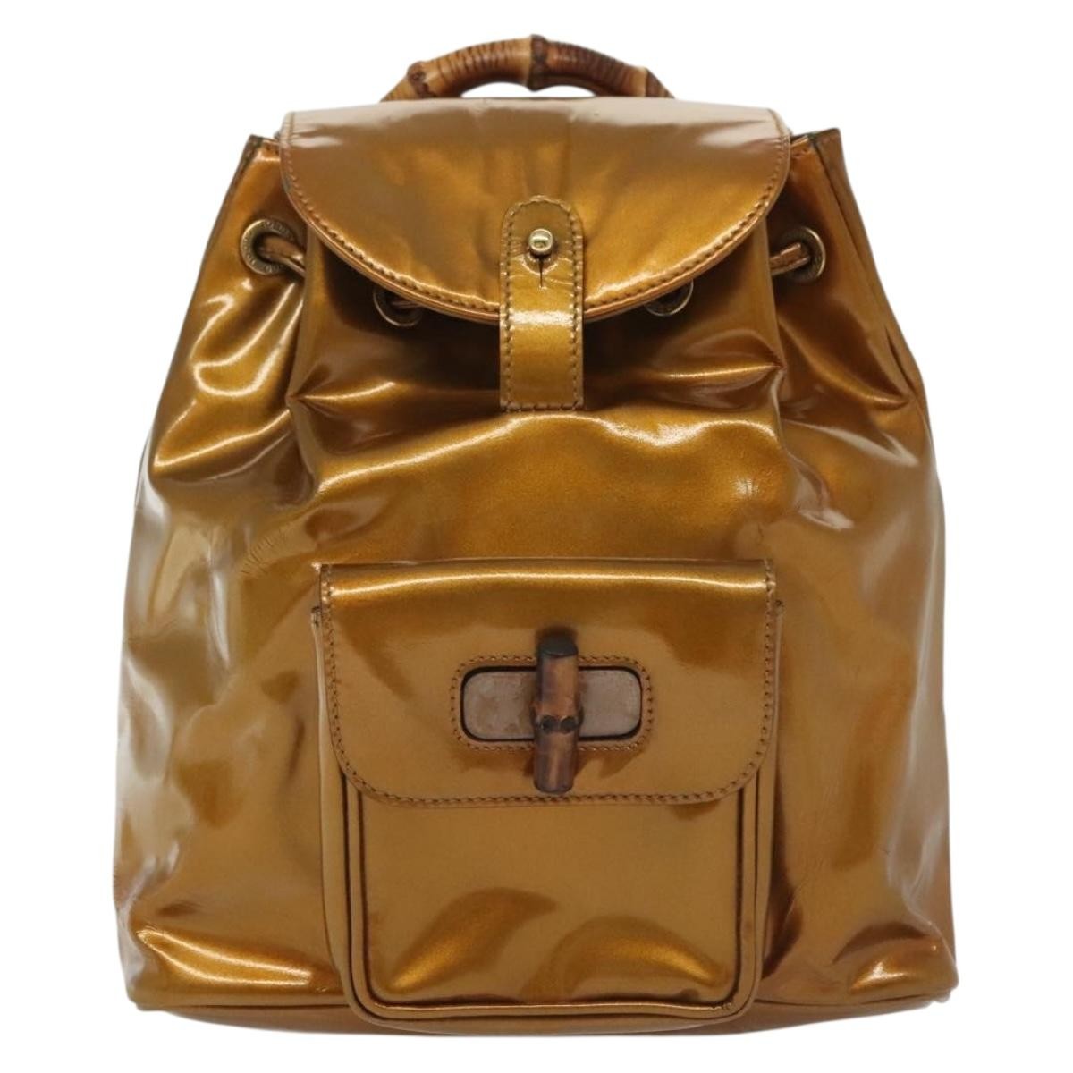 Gucci Vintage Bamboo Backpack Patent Gold Patent_Leather Bag (Pre-Owned)