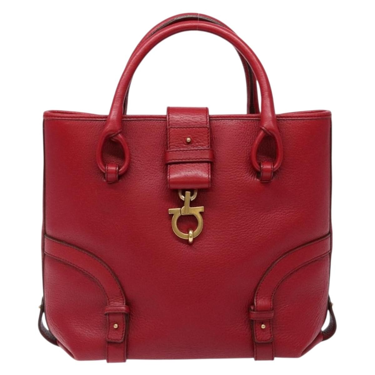 Salvatore Ferragamo Gancini Handbag Leather Red Leather Handbag (Pre-Owned)