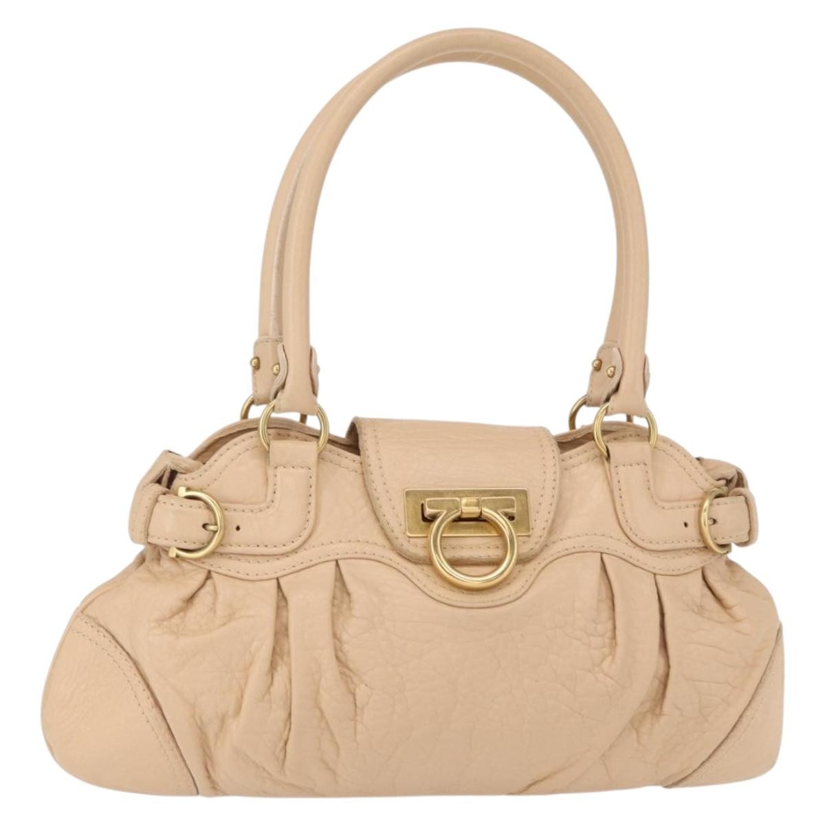 Salvatore Ferragamo Gancini Handbag Leather Beige Leather Handbag (Pre-Owned)