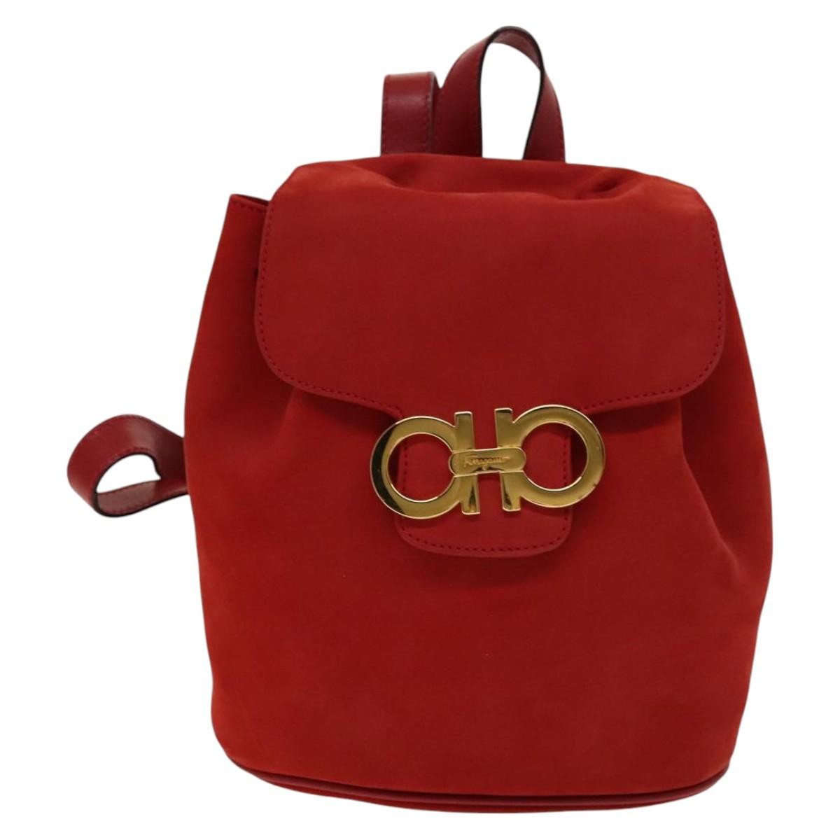 Salvatore Ferragamo Gancini Flap Drawstring Backpack Suede Red Suede Backpack Bag (Pre-Owned)
