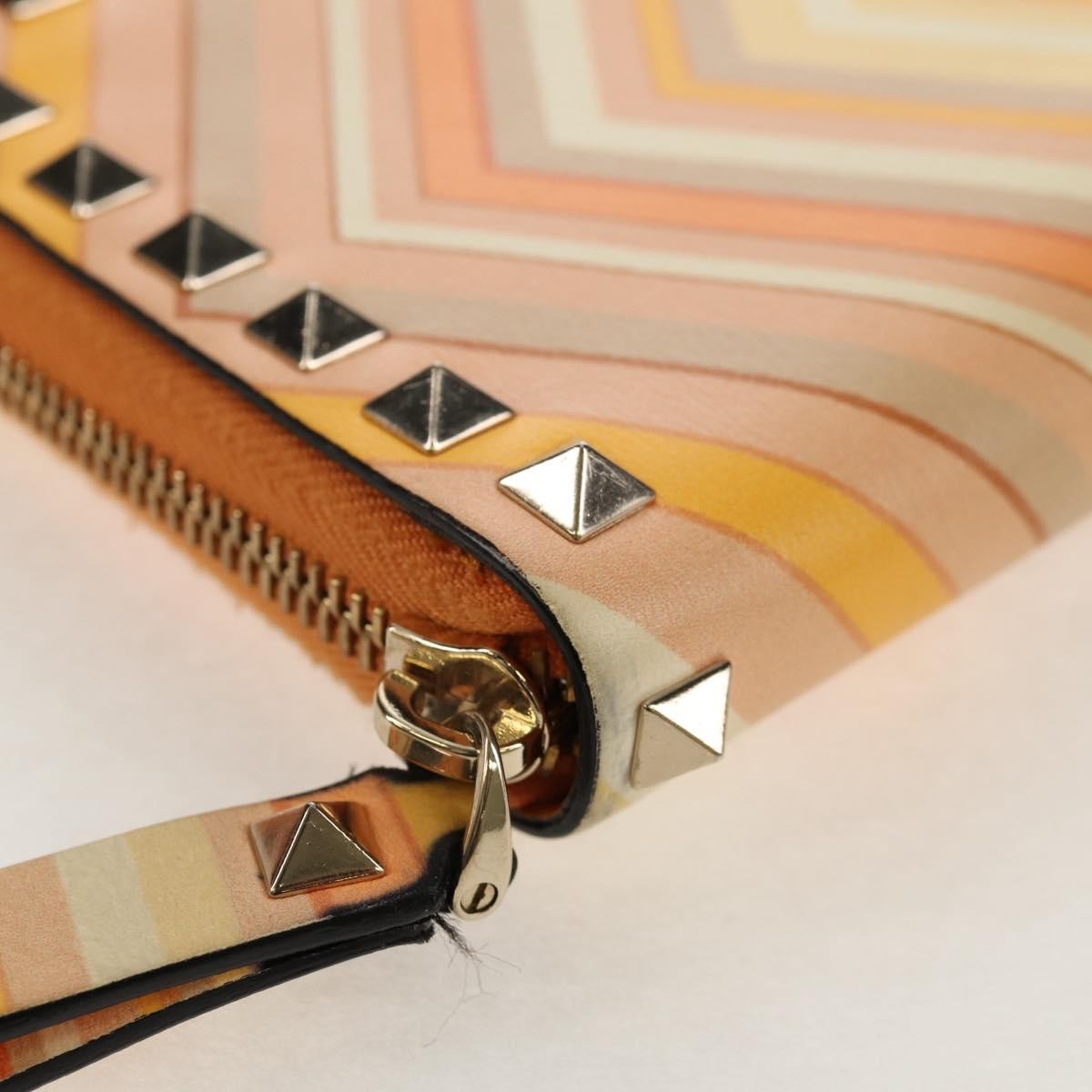Valentino Garavani Rockstud Zip Around Wallet Striped Leather Orange Leather Wallets Accessory (Pre-Owned)