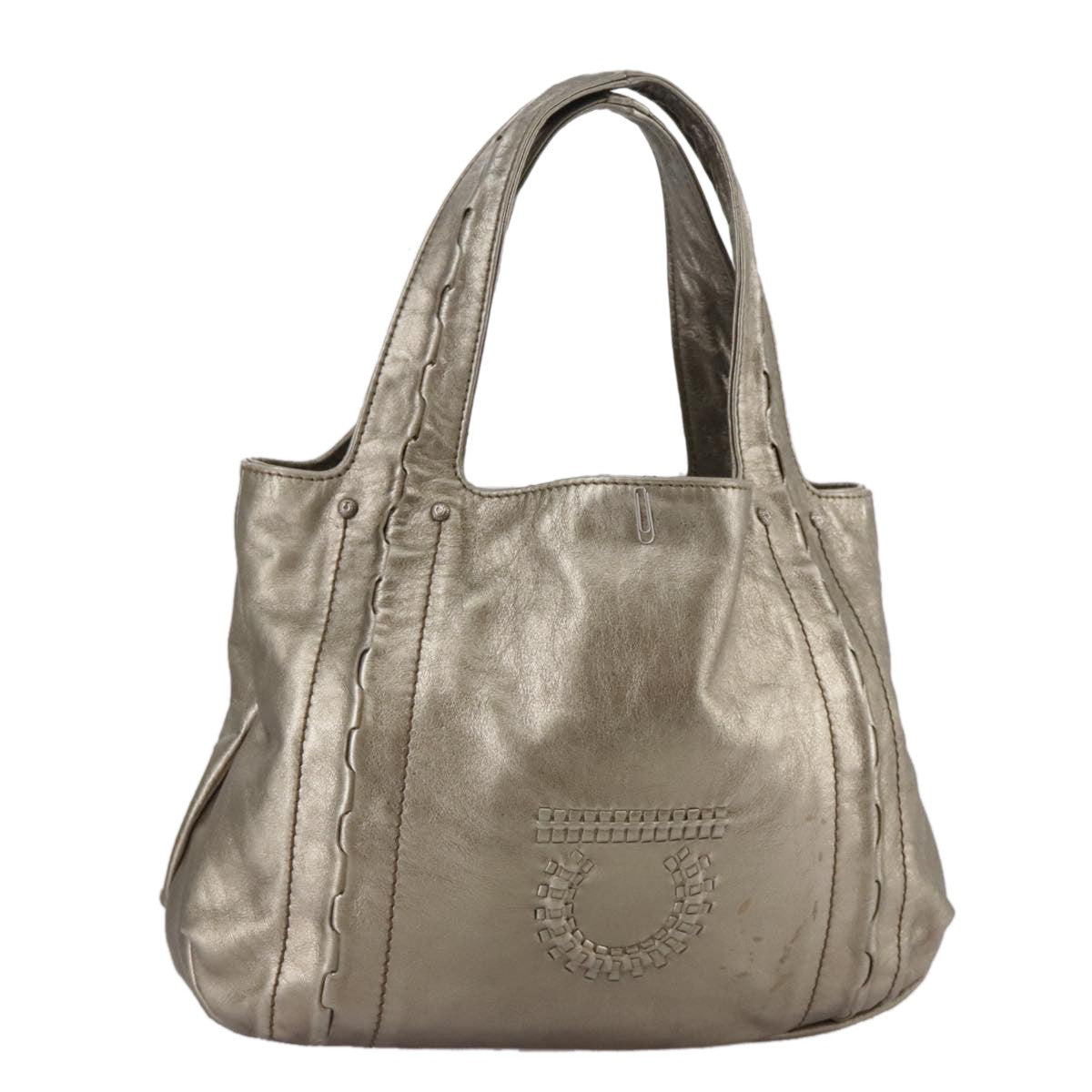 Salvatore Ferragamo Gancini Handbag Leather Gold Leather Handbag (Pre-Owned)