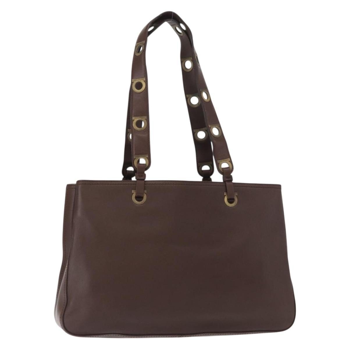 Salvatore Ferragamo Gancini Tote Leather Brown Leather Tote Bag Bag (Pre-Owned)