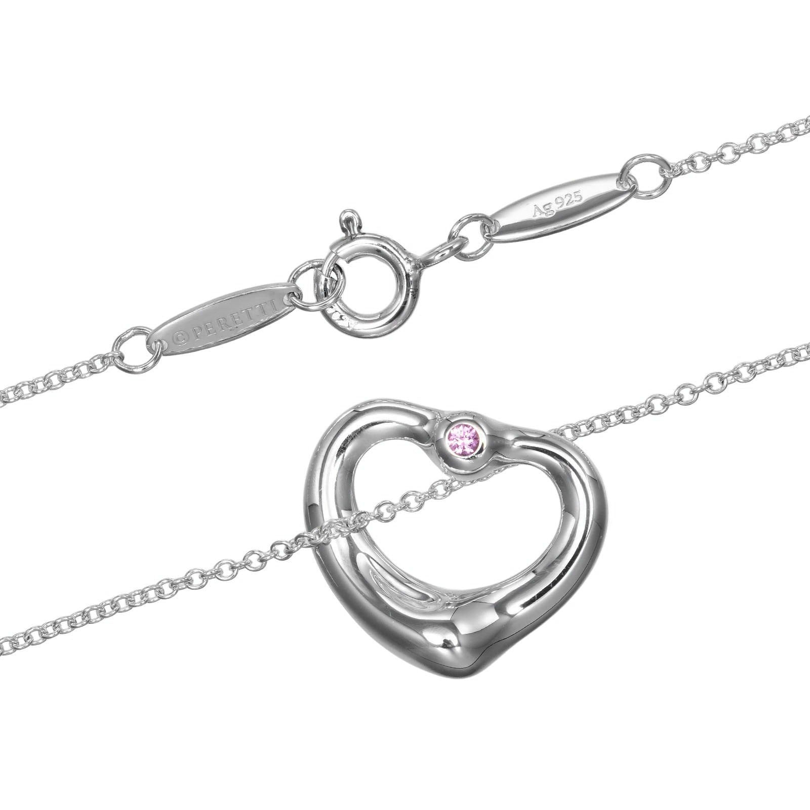 Tiffany & Co. Elsa Peretti Open Heart Pendant Necklace Sterling Silver With Pink Sapphire Silver Silver Necklace Jewelry (Pre-Owned)
