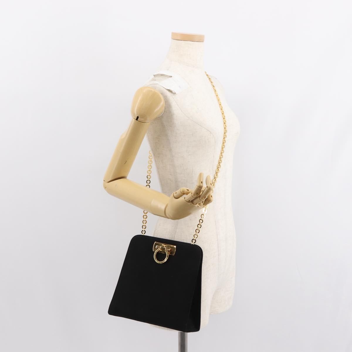 Salvatore Ferragamo Vintage Gancini Chain Shoulder Bag Suede Black Suede Shoulder Bag Bag (Pre-Owned)