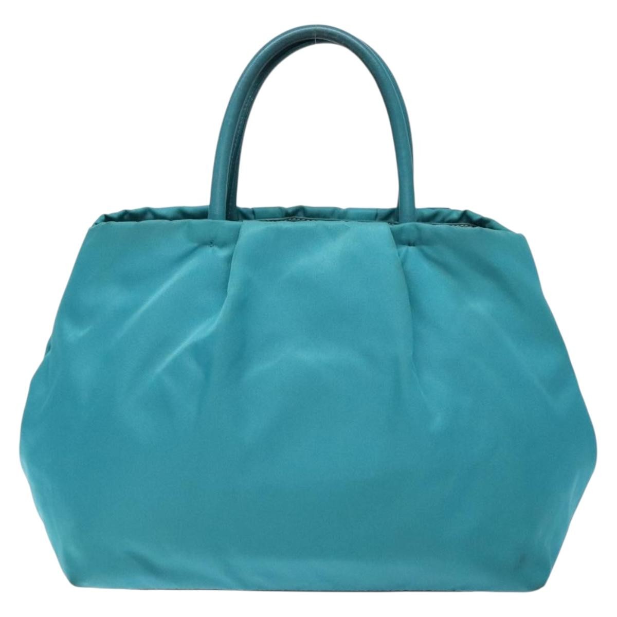 Prada Logo Bow Tote Tessuto With Leather Turquoise Nylon Bag (Pre-Owned)