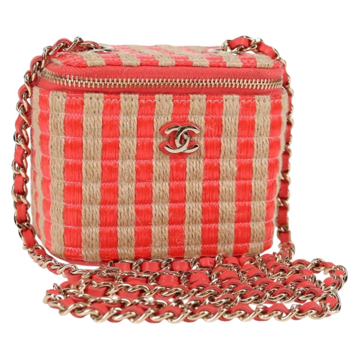 Chanel Classic Vanity Case With Chain Striped Raffia And Jute Red Canvas Shoulder Bag Bag (Pre-Owned)