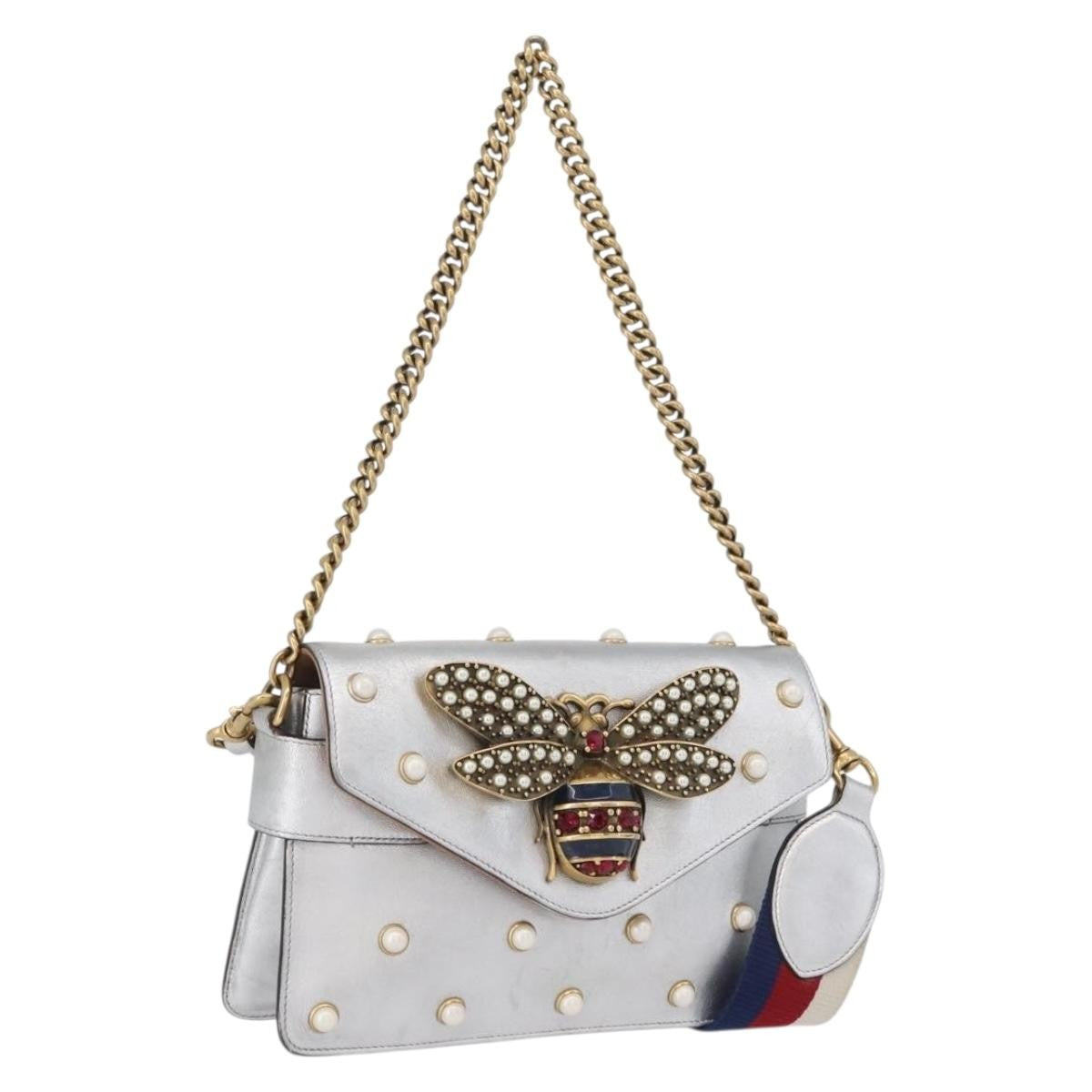 Gucci Broadway Pearly Bee Shoulder Bag Embellished Leather Silver Leather Shoulder Bag Bag (Pre-Owned)