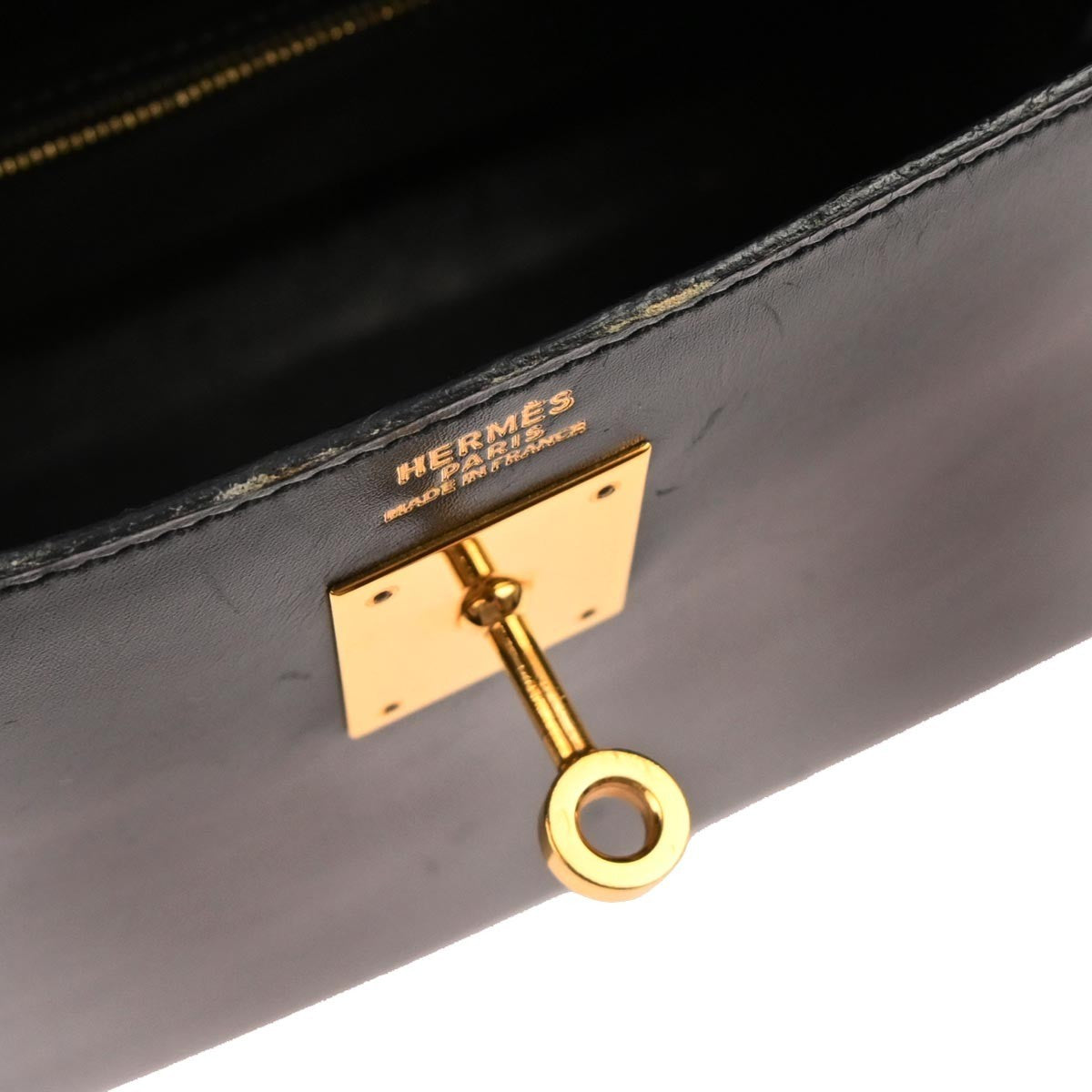 Hermes Kelly Handbag Black Box Calf With Gold Hardware Black Calfskin Handbag (Pre-Owned)