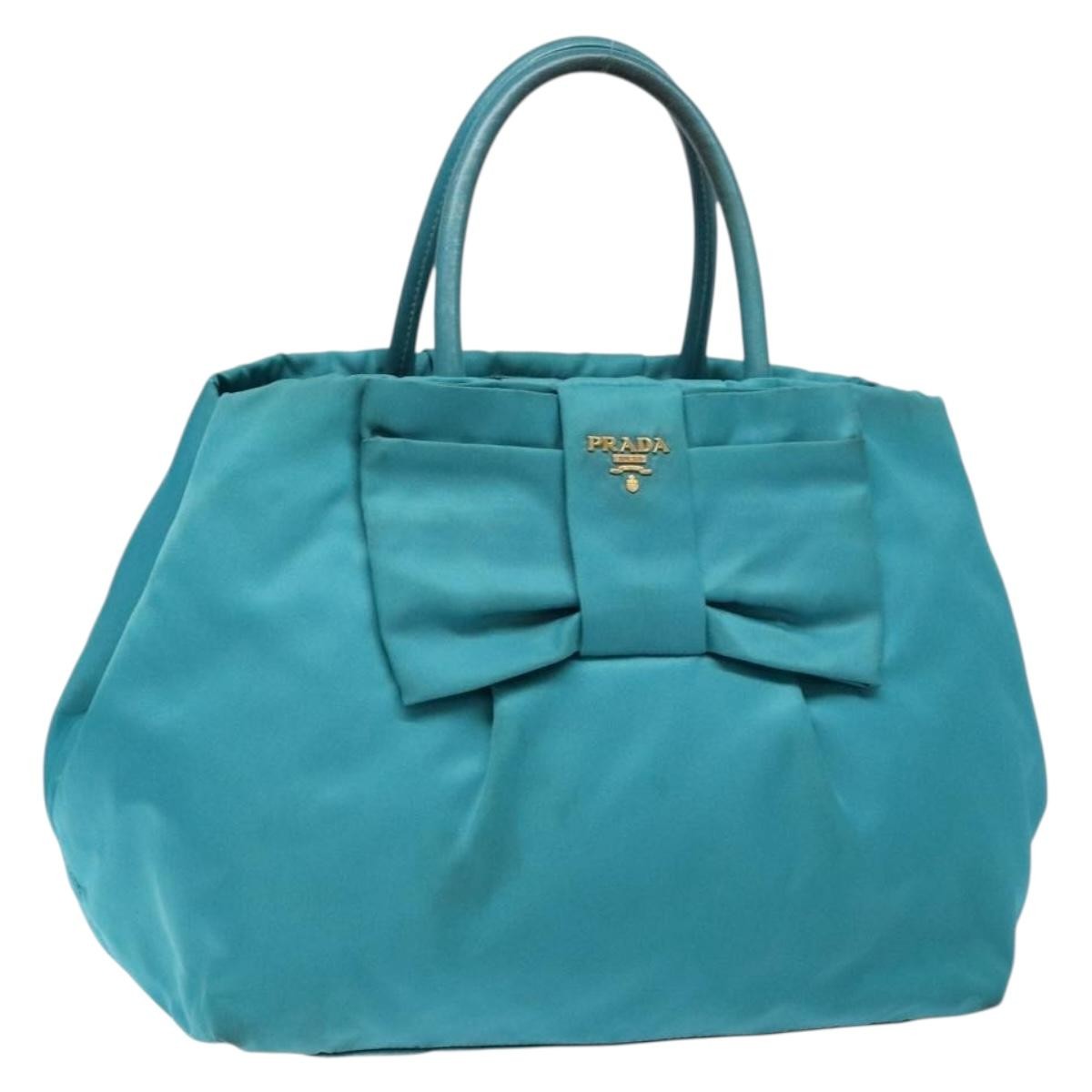 Prada Logo Bow Tote Tessuto With Leather Turquoise Nylon Bag (Pre-Owned)