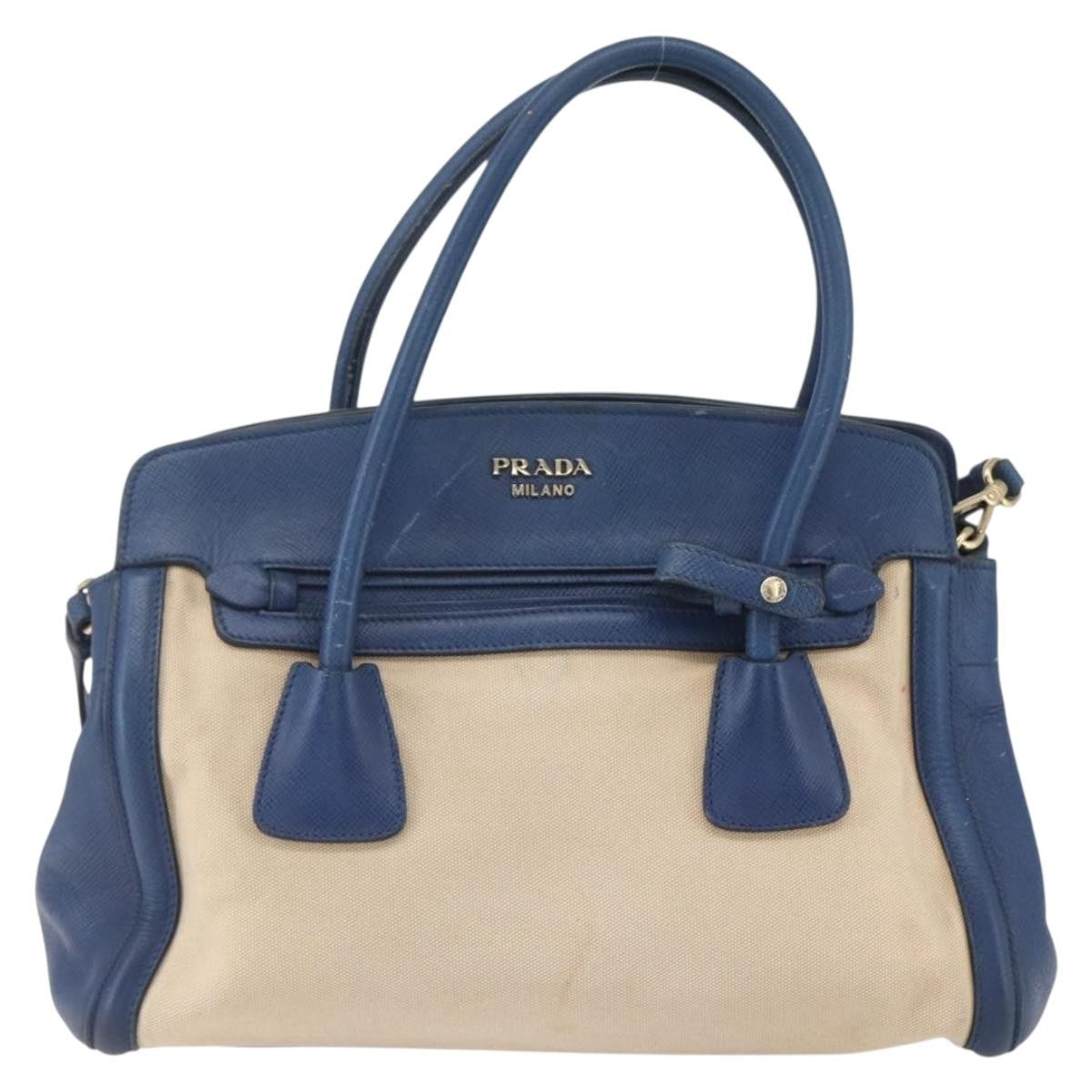 Prada Cuir Frame Convertible Tote Canvas And Saffiano Leather Beige Canvas Tote Bag Bag (Pre-Owned)