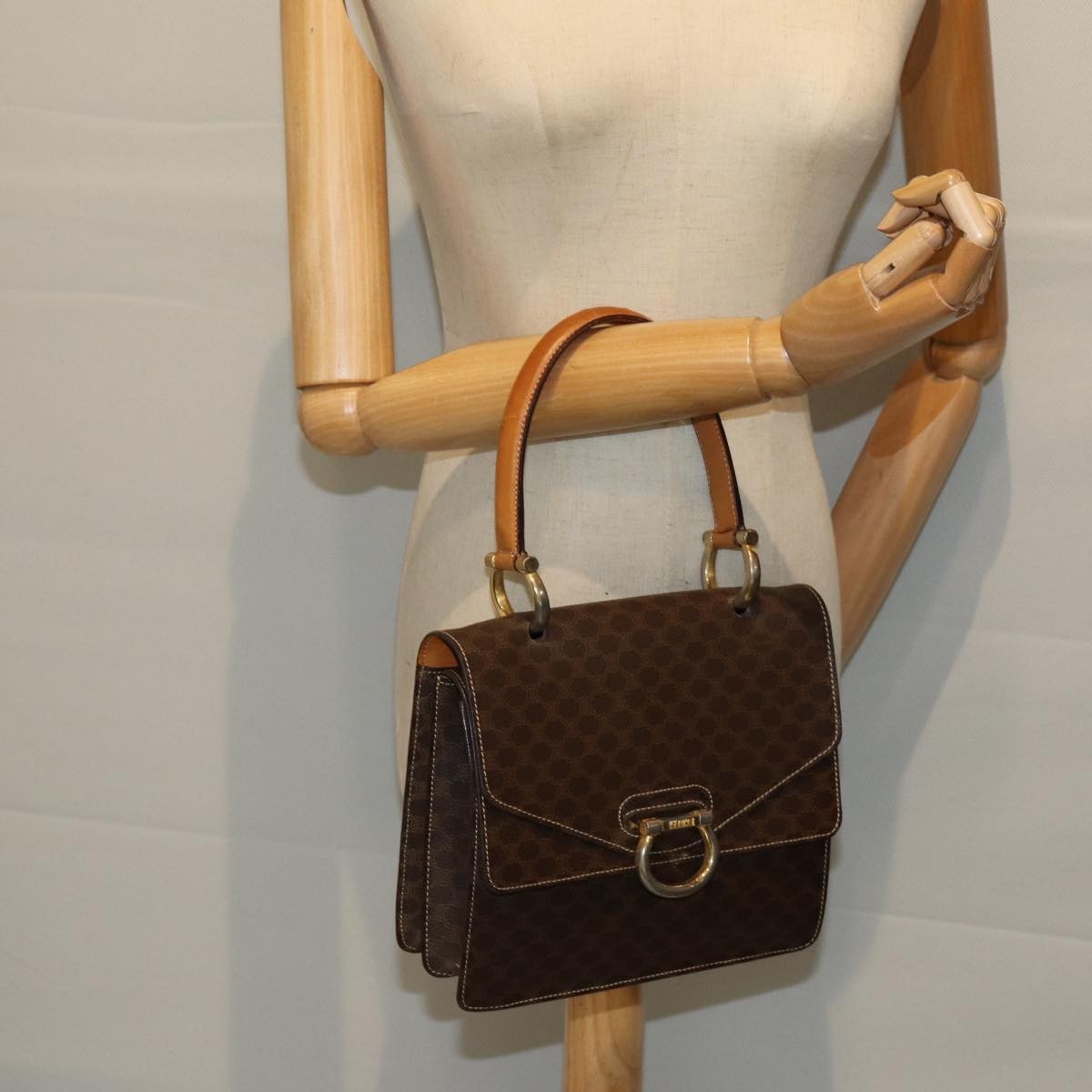 Celine Macadam Handbag Macadam With Leather Brown Canvas Handbag (Pre-Owned)