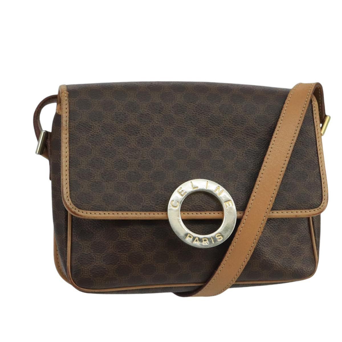 Celine Vintage Macadam Circle Logo Shoulder Bag Canvas And Leather Brown Canvas Shoulder Bag Bag (Pre-Owned)