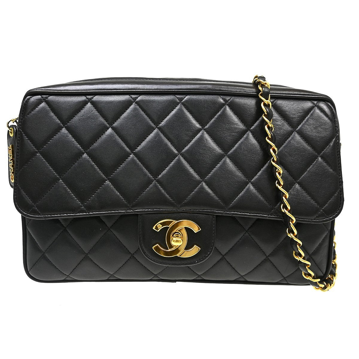 Chanel Vintage Square Classic Single Flap Bag Quilted Lambskin Black Leather Shoulder Bag Bag (Pre-Owned)