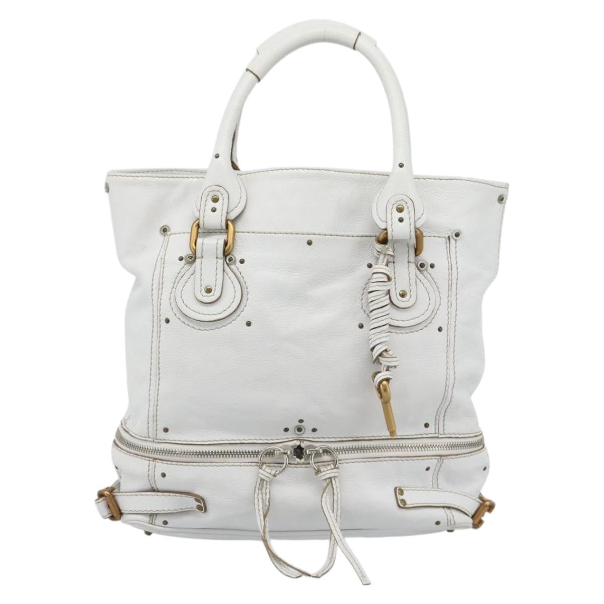 Chloe Paddington Lock Tote Leather White_Gold Leather Tote Bag Bag (Pre-Owned)