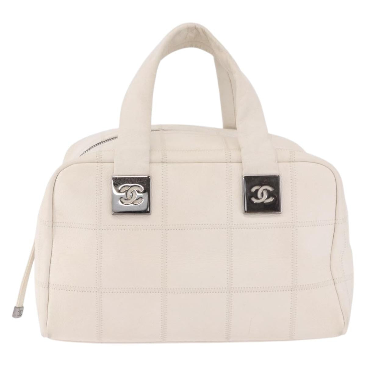Chanel Square Stitch Bowler Bag Qulted Leather White Leather Handbag (Pre-Owned)