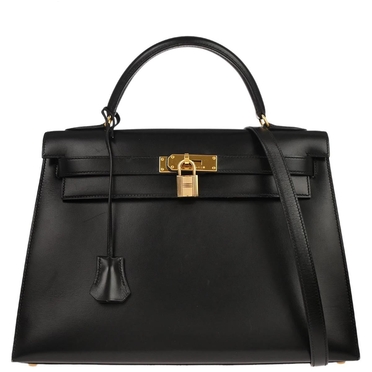 Hermes Kelly Handbag Black Box Calf With Gold Hardware Black Calfskin Handbag (Pre-Owned)