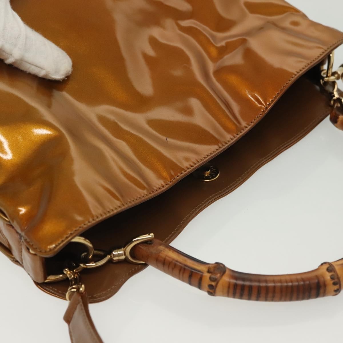 Gucci Vintage Bamboo Handle Bag Patent Leather Gold Patent_Leather Handbag (Pre-Owned)