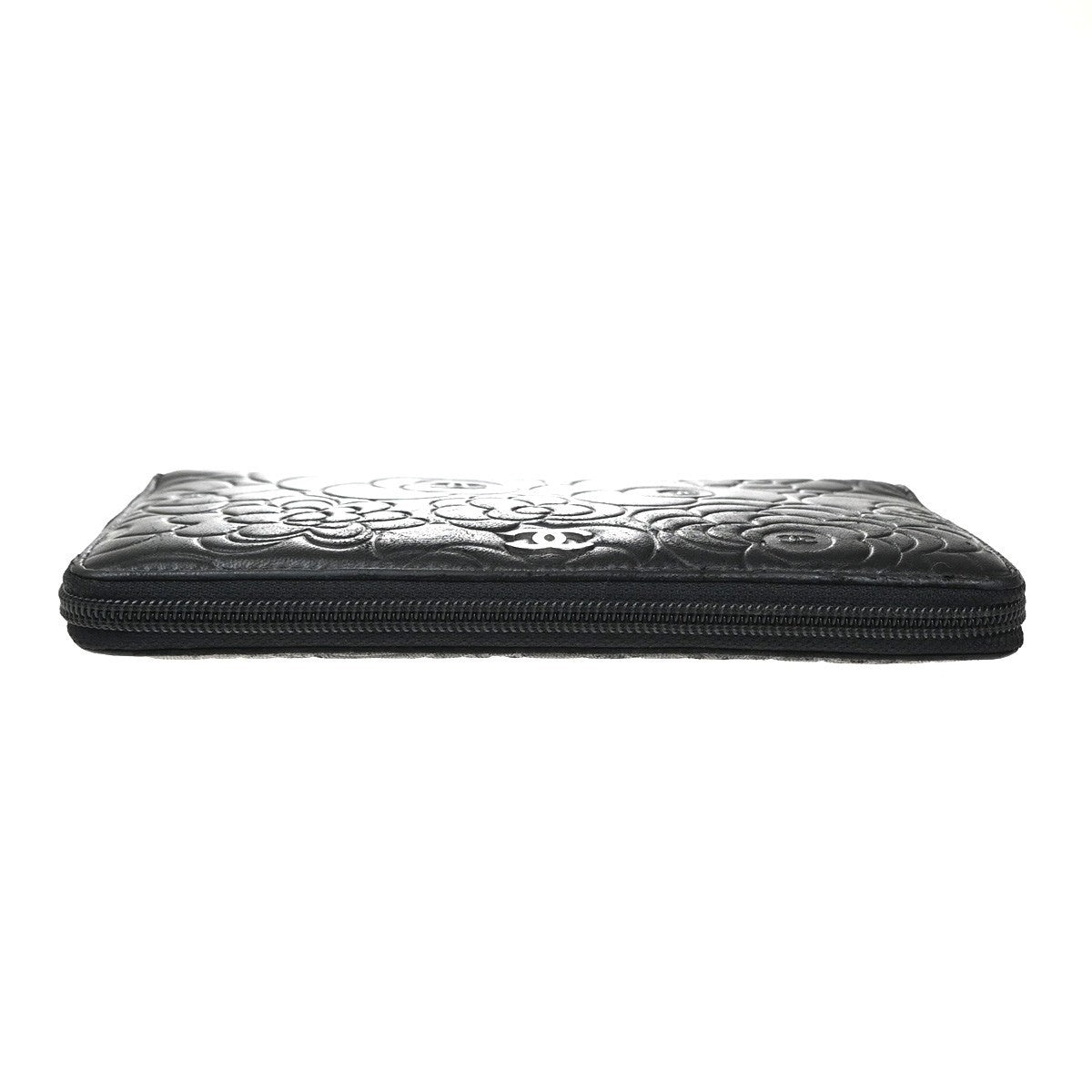 Chanel Camellia Zip Around Organizer Leather Black Leather Wallets Accessory (Pre-Owned)