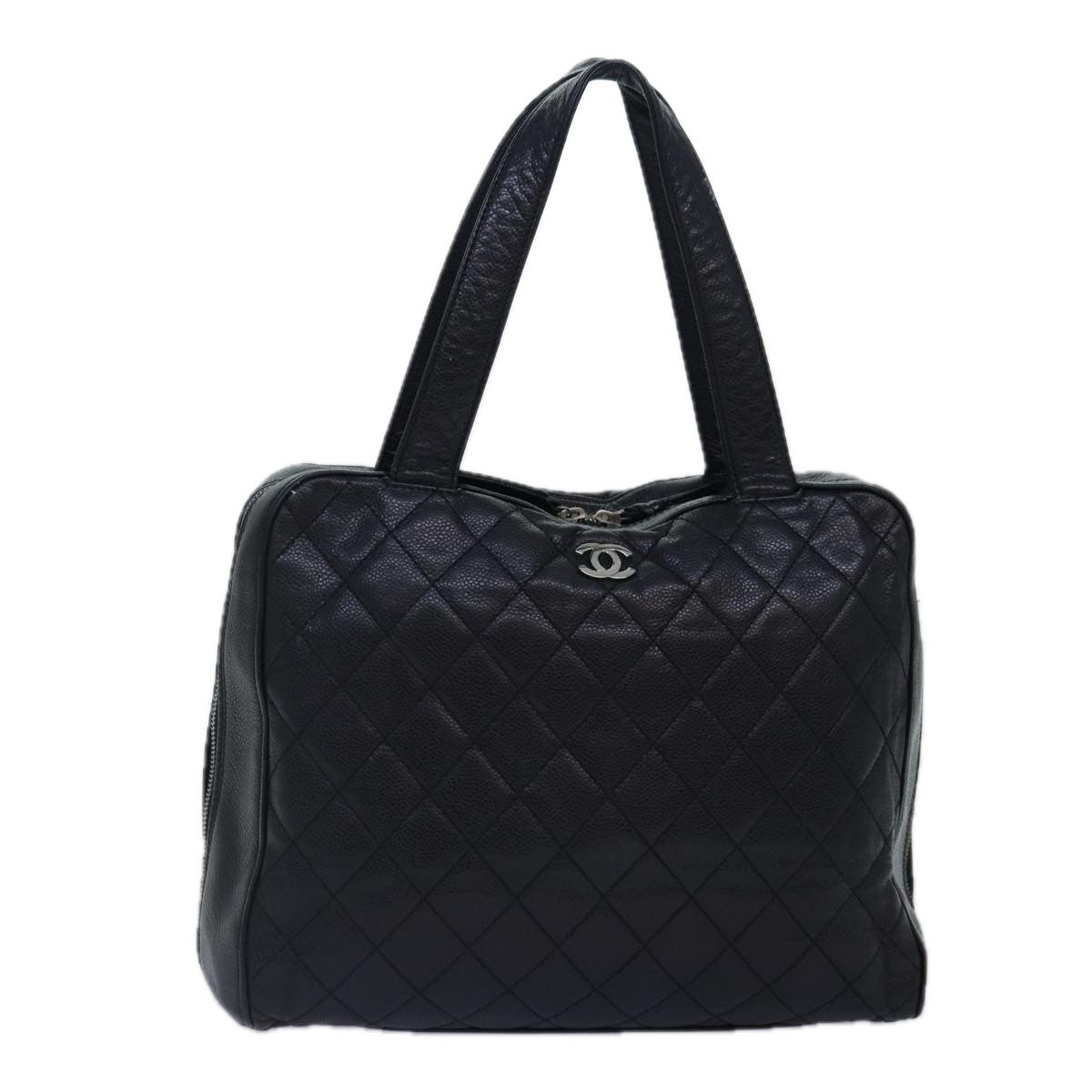 Chanel Vintage Cc Zip Around Bowler Bag Quilted Caviar Black Leather Handbag (Pre-Owned)