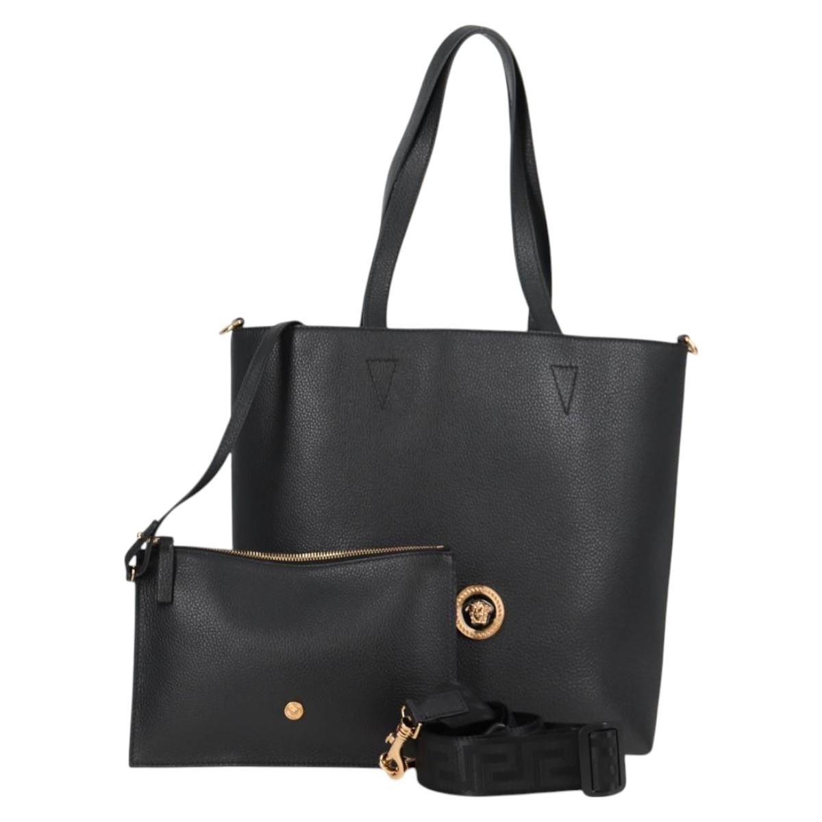 Versace Medusa Tote Leather Black Leather Tote Bag Bag (Pre-Owned)