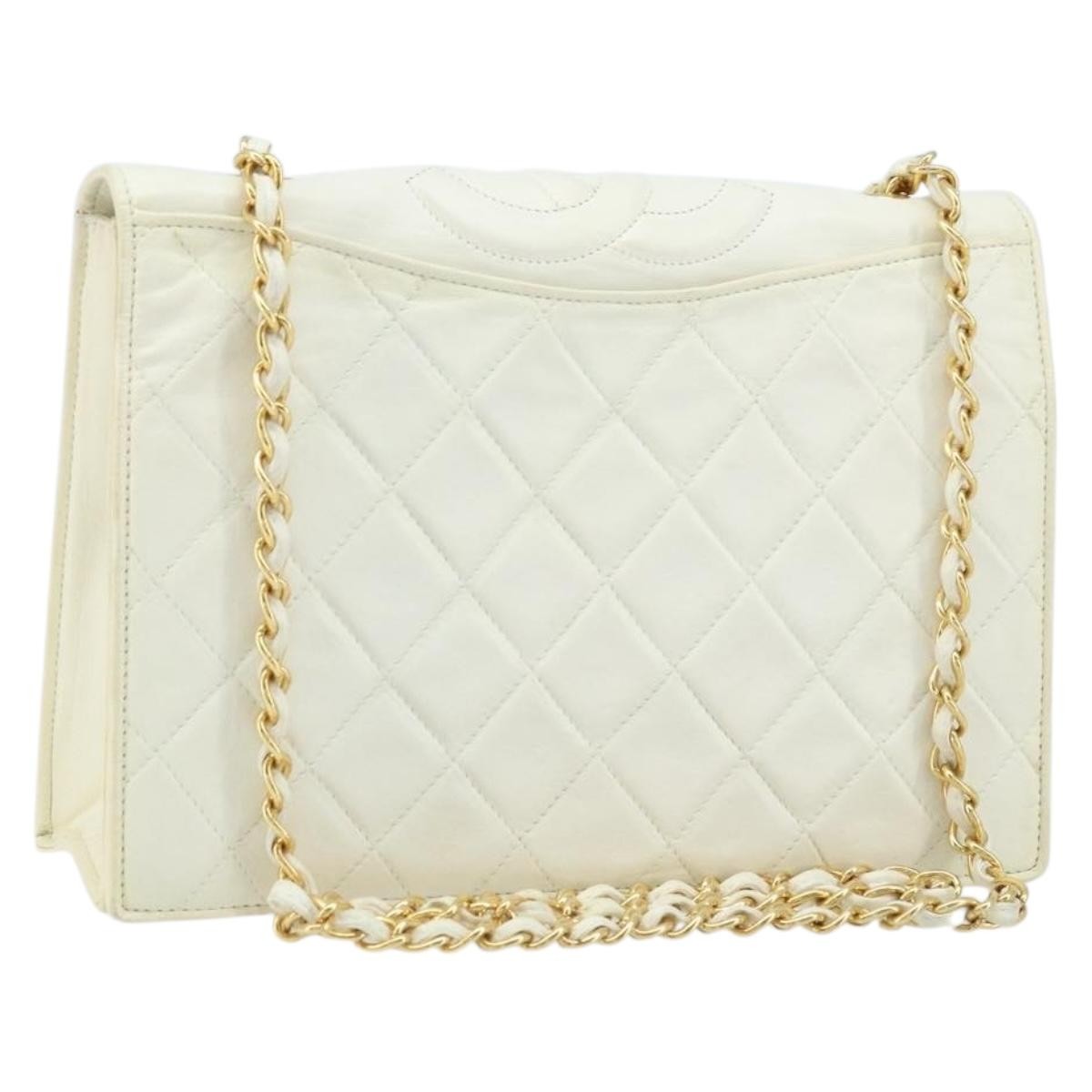 Chanel Vintage Cc Full Flap Bag Quilted Lambskin White Leather Shoulder Bag Bag (Pre-Owned)