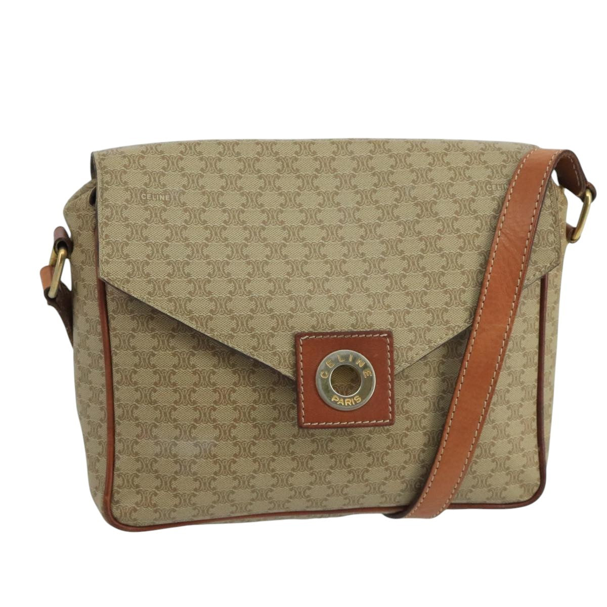 Celine Vintage Macadam Circle Logo Shoulder Bag Canvas And Leather Beige Canvas Shoulder Bag Bag (Pre-Owned)