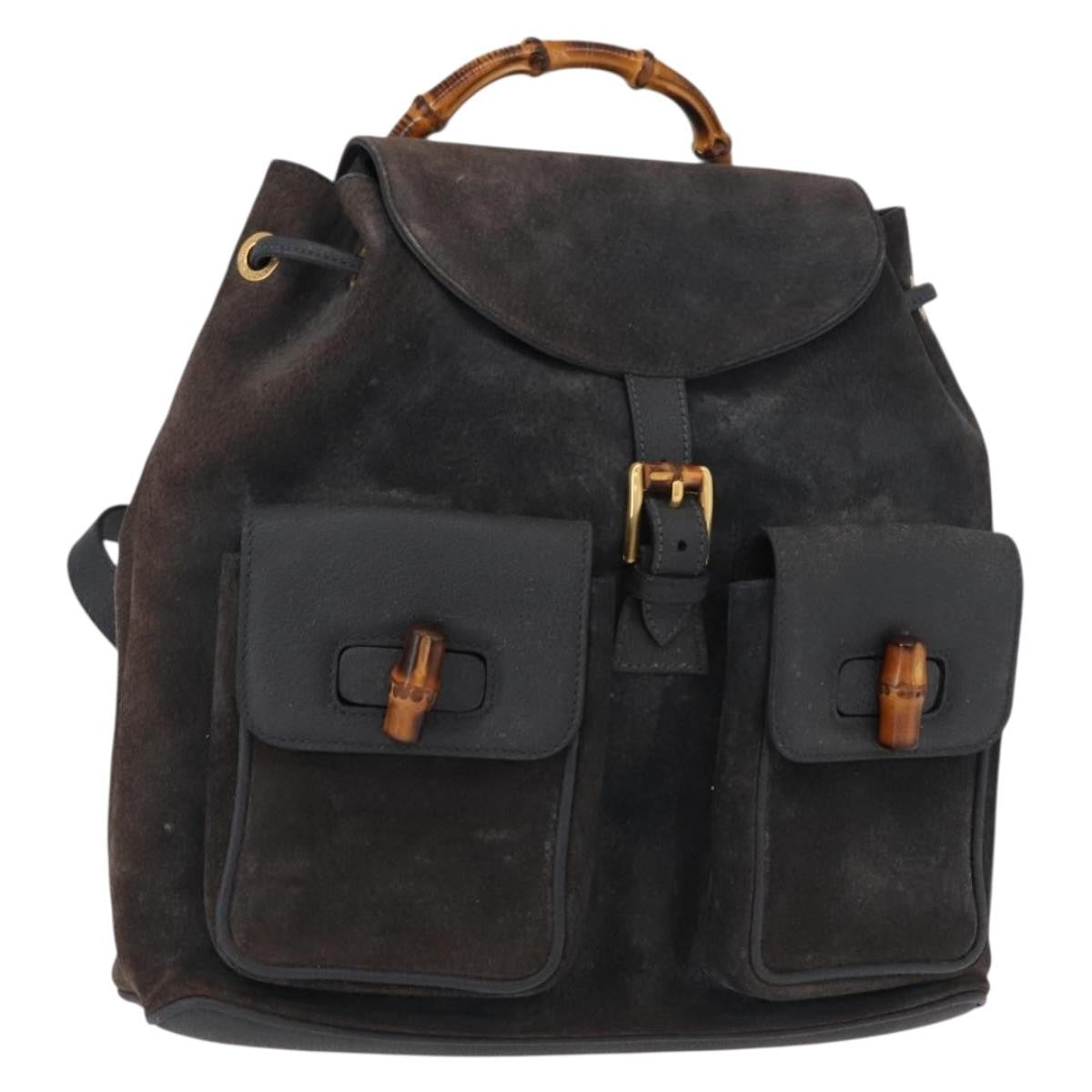 Gucci Vintage Bamboo Backpack Suede Navy Suede Backpack Bag (Pre-Owned)