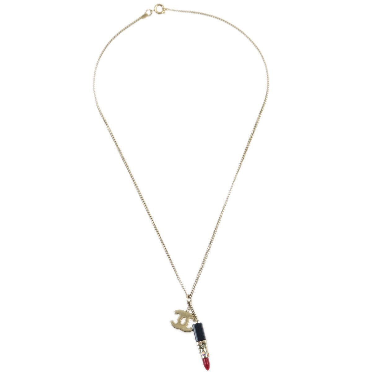 Chanel Cc Lipstick Charm Pendant Necklace Metal With Resin And Crystals Gold Metal Necklace Jewelry (Pre-Owned)