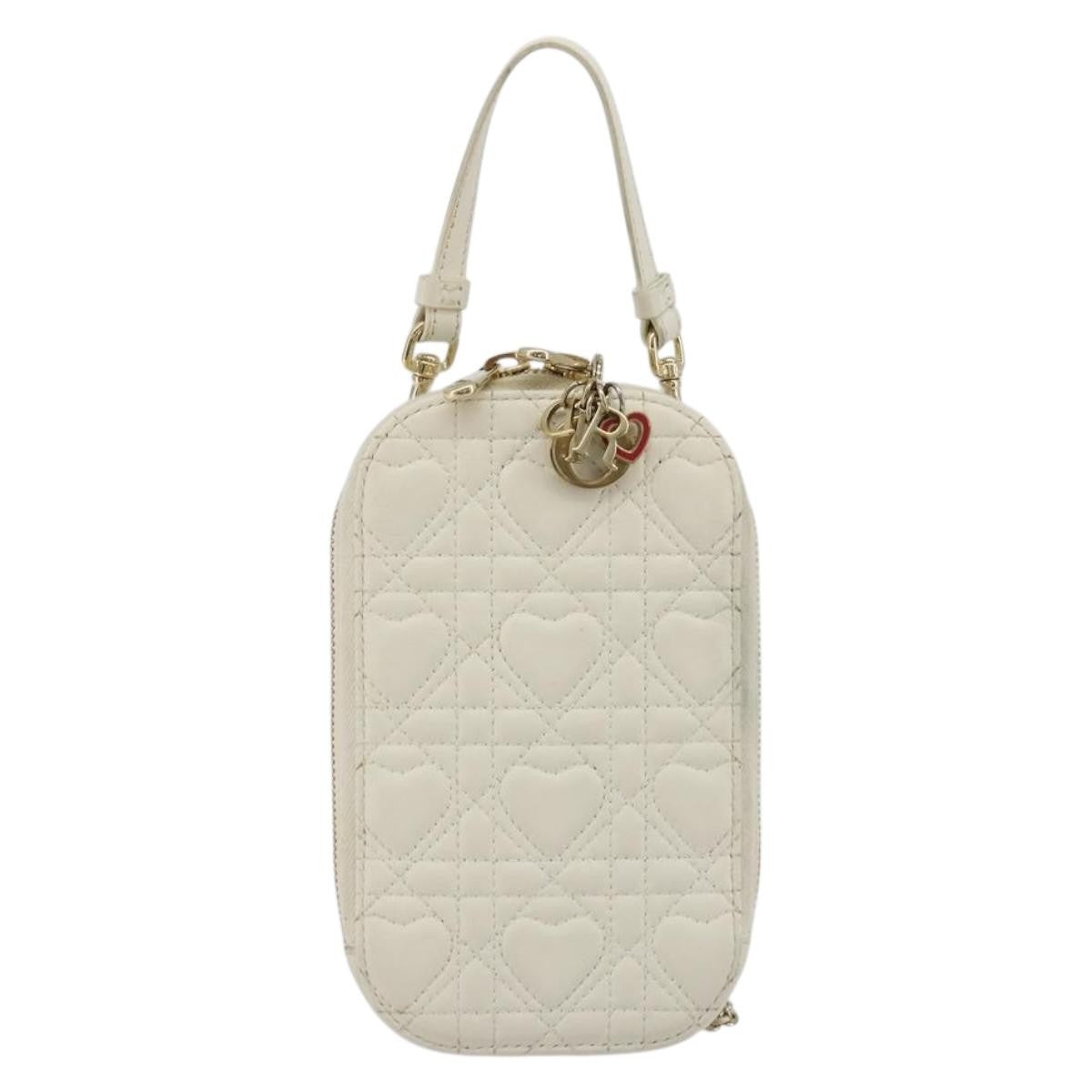 Christian Dior Lady Dior Phone Holder On Chain Cannage Quilt Lambskin White Leather Shoulder Bag Bag (Pre-Owned)