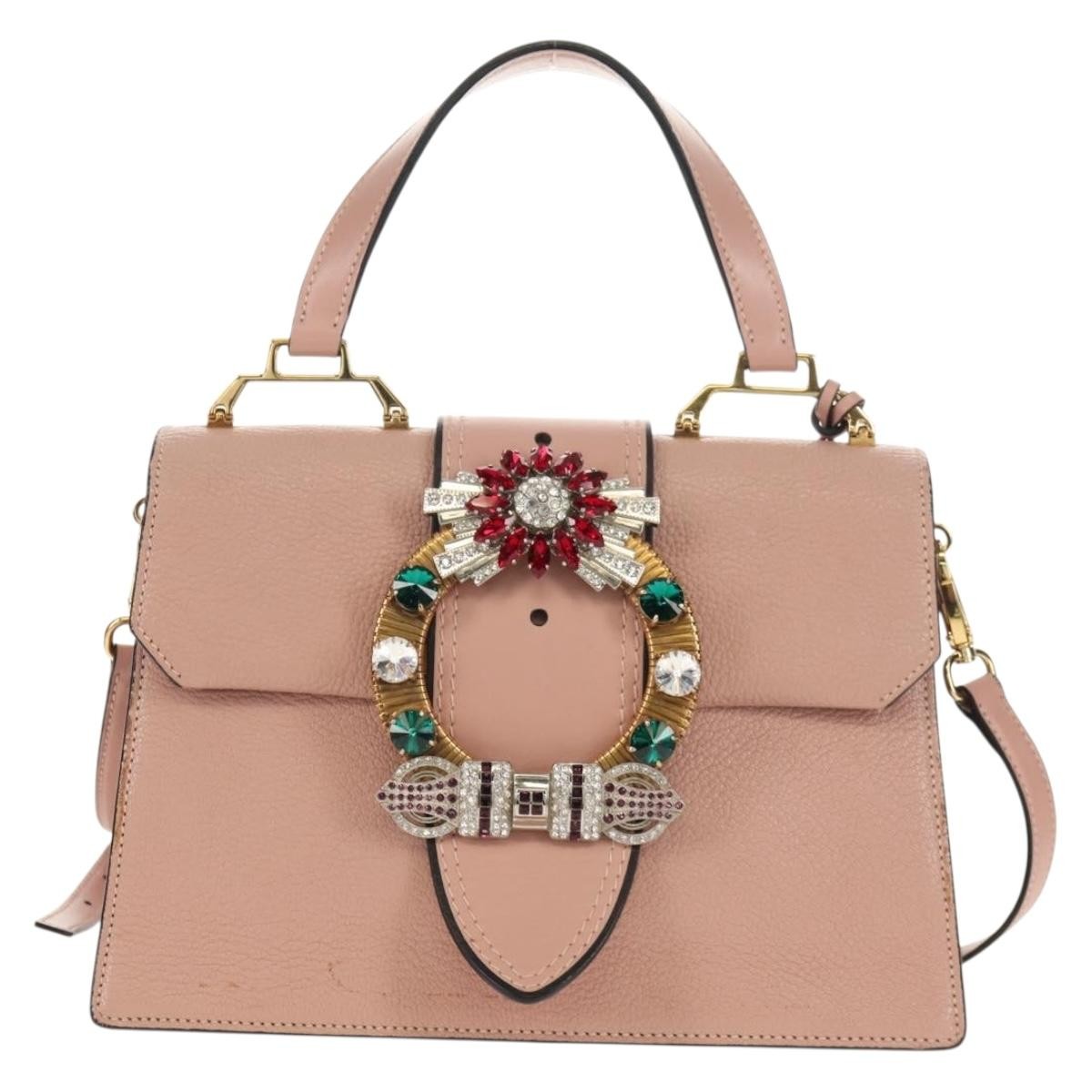 Miu Miu Madras Crystal Buckle Shoulder Bag Leather Pink Leather Handbag (Pre-Owned)