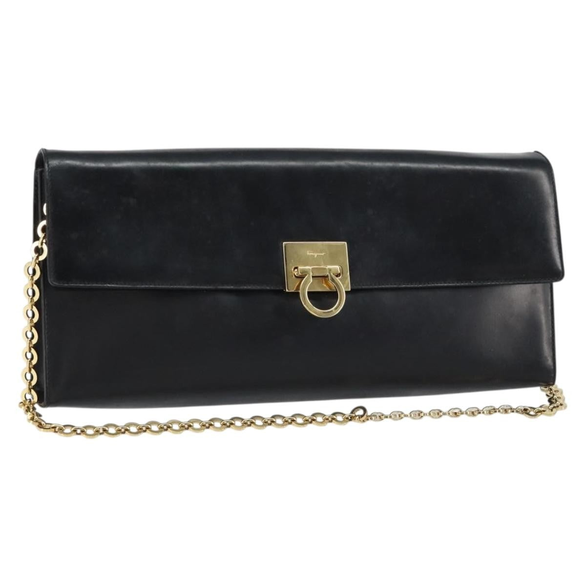 Salvatore Ferragamo Gancini Chain Shoulder Bag Leather Black Leather Shoulder Bag Bag (Pre-Owned)