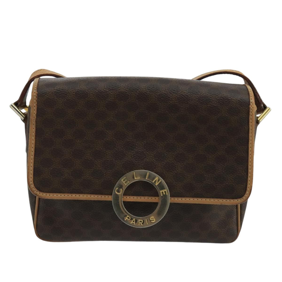 Celine Vintage Macadam Circle Logo Shoulder Bag Canvas And Leather Brown Canvas Shoulder Bag Bag (Pre-Owned)