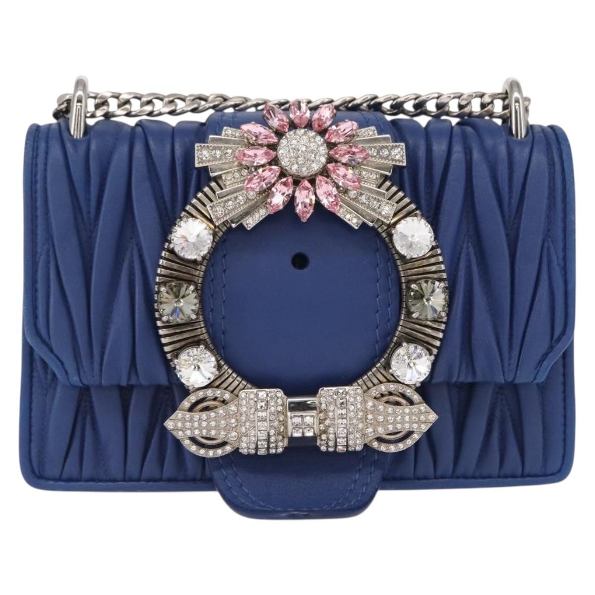 Miu Miu Madras Crystal Buckle Shoulder Bag Leather Blue Leather Shoulder Bag Bag (Pre-Owned)