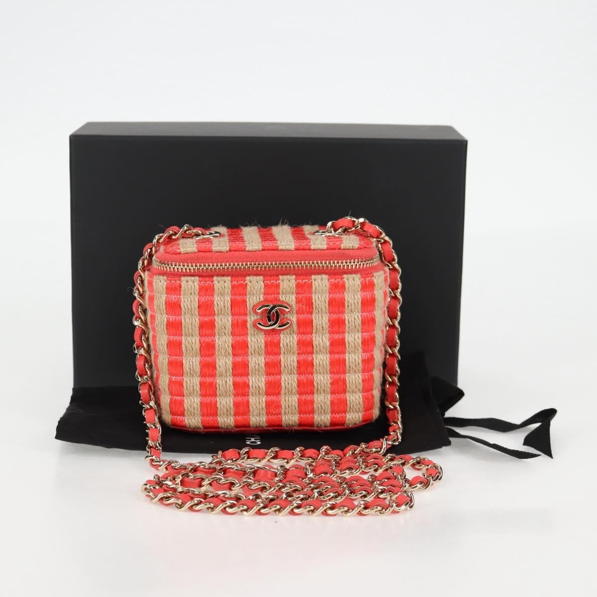 Chanel Classic Vanity Case With Chain Striped Raffia And Jute Red Canvas Shoulder Bag Bag (Pre-Owned)