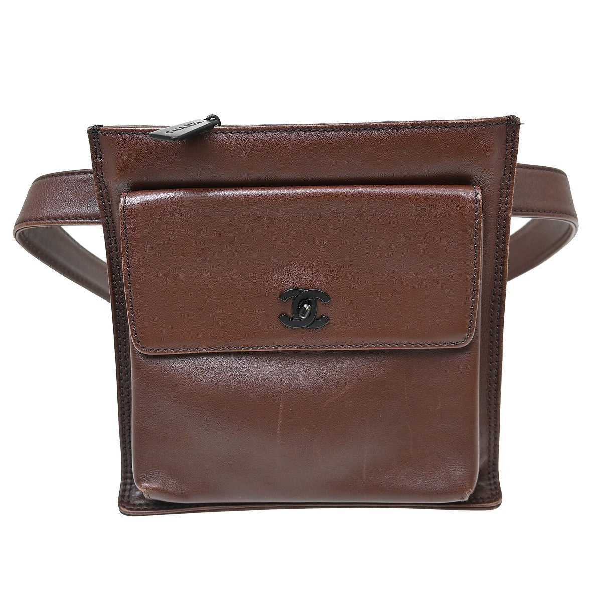 Chanel Vintage Front Pocket Waist Bag Leather Brown Leather Clutche & Pouche Bag (Pre-Owned)