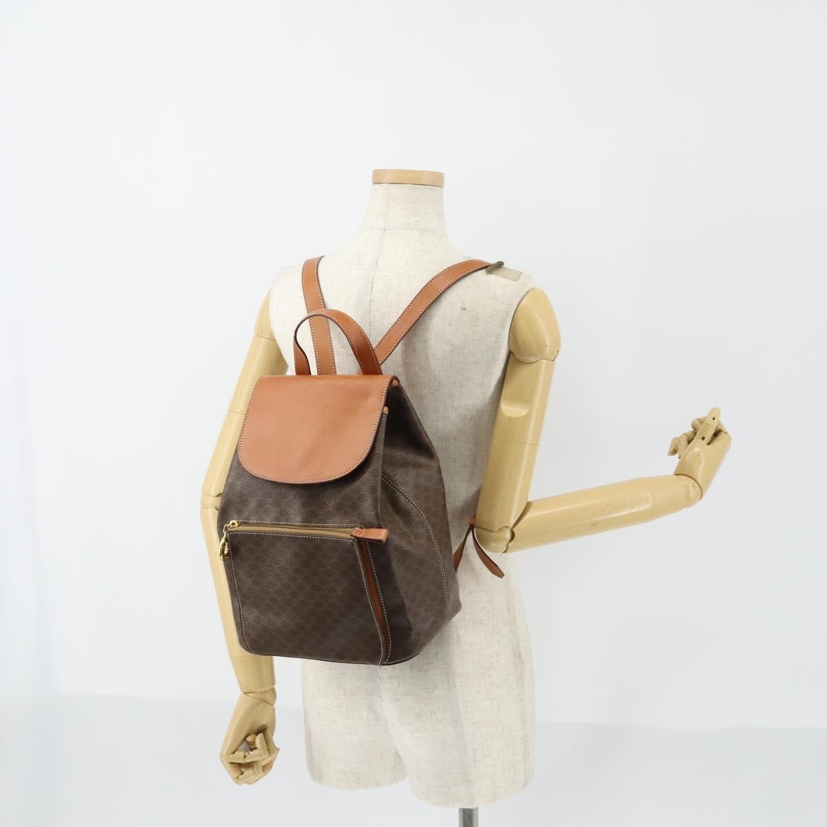 Celine Vintage Macadam Backpack Canvas And Leather Brown Canvas Backpack Bag (Pre-Owned)