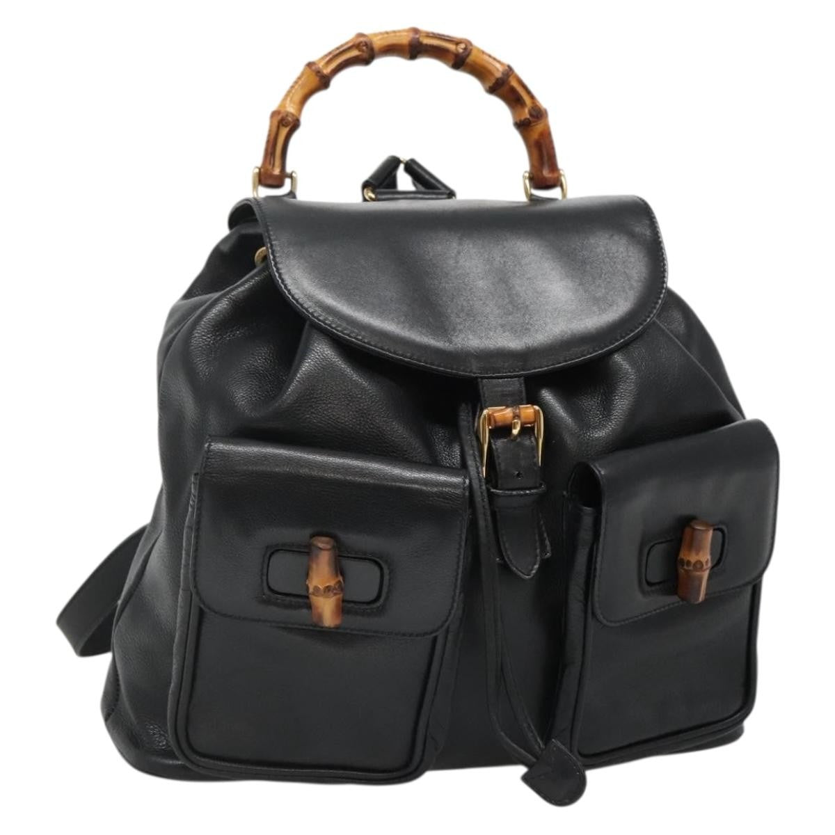 Gucci Vintage Bamboo Backpack Leather Black Leather Backpack Bag (Pre-Owned)