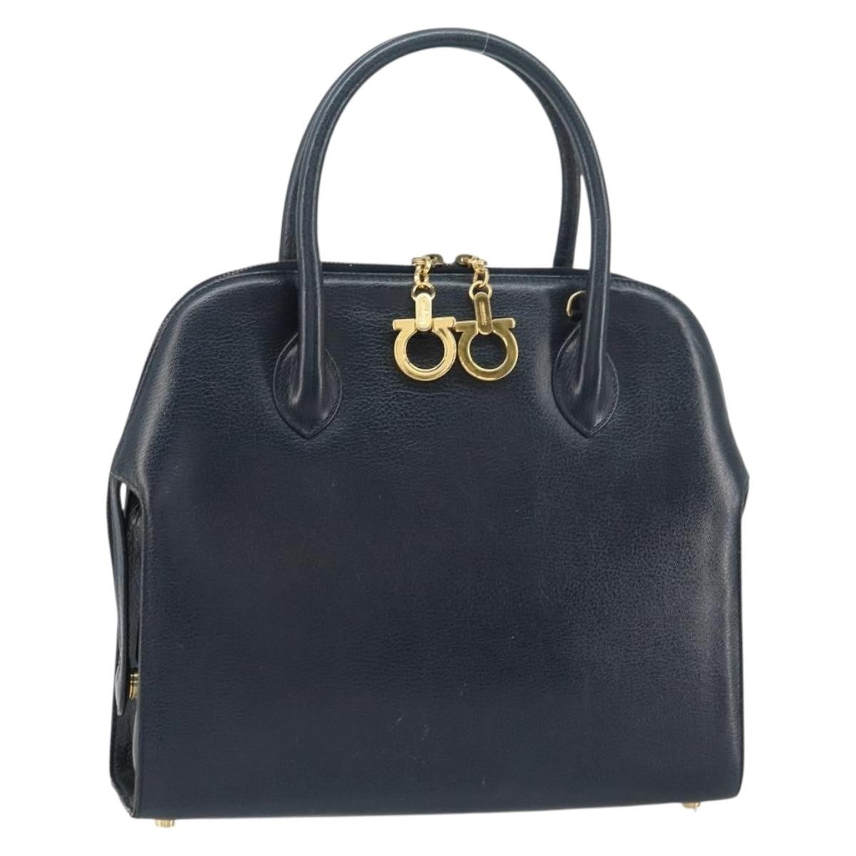 Salvatore Ferragamo Gancini Handbag Leather Navy Leather Handbag (Pre-Owned)