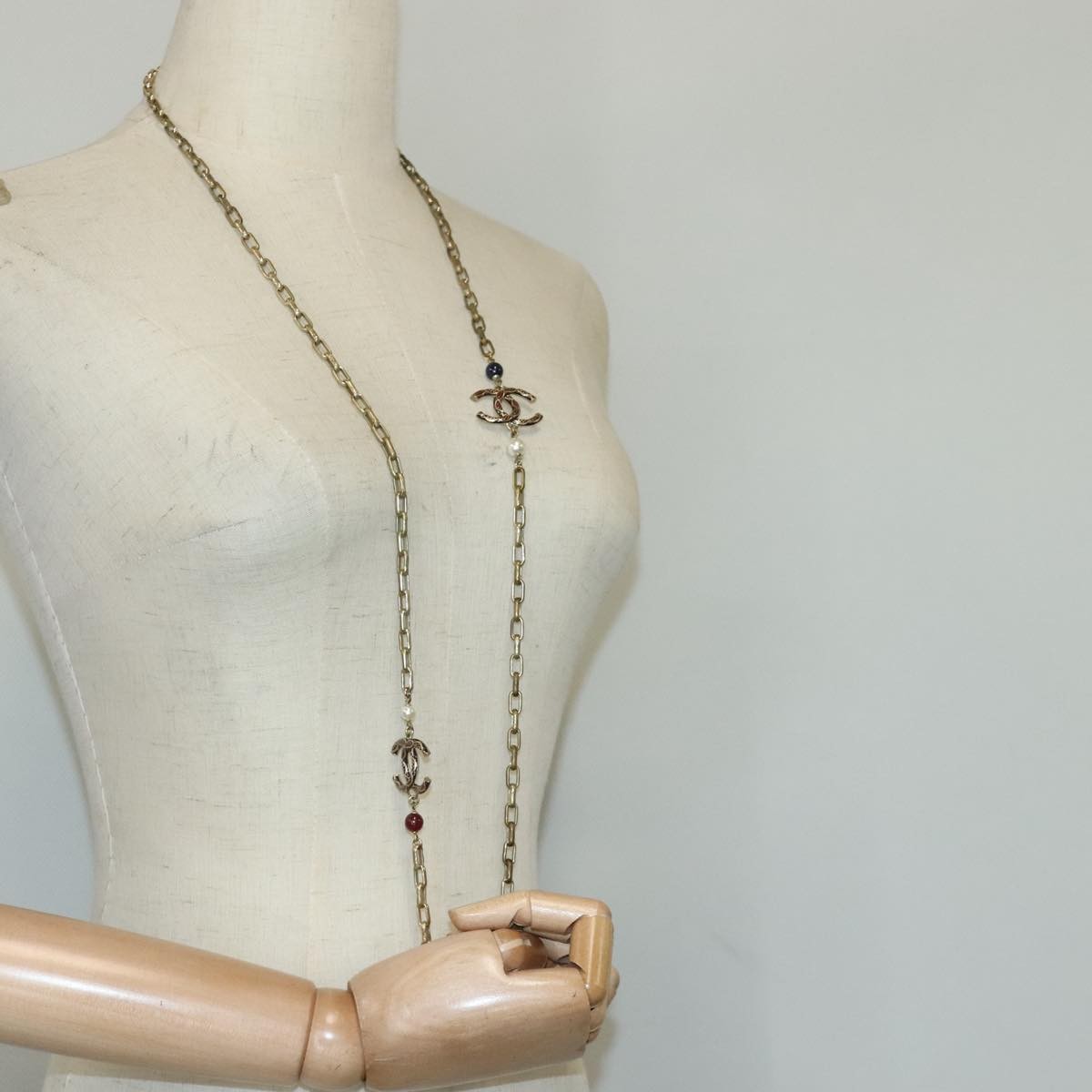 Chanel Vintage Double Strand Cc Pendant Necklace Metal With Crystals Gold Metal Necklace Jewelry (Pre-Owned)