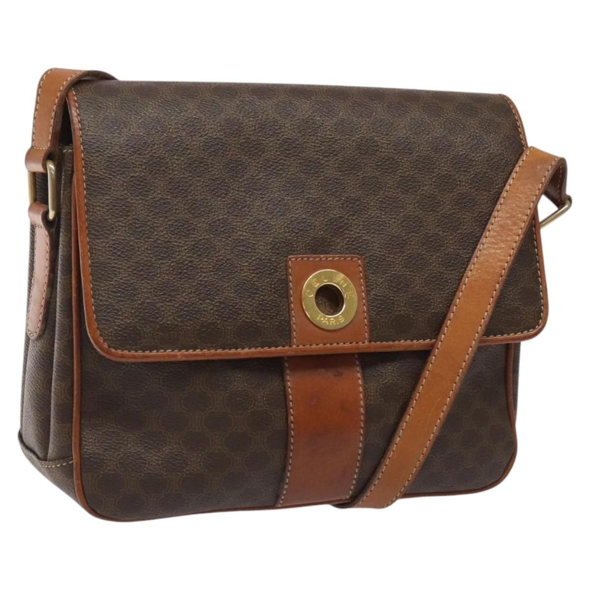 Celine Vintage Macadam Circle Logo Shoulder Bag Canvas And Leather Brown Canvas Shoulder Bag Bag (Pre-Owned)