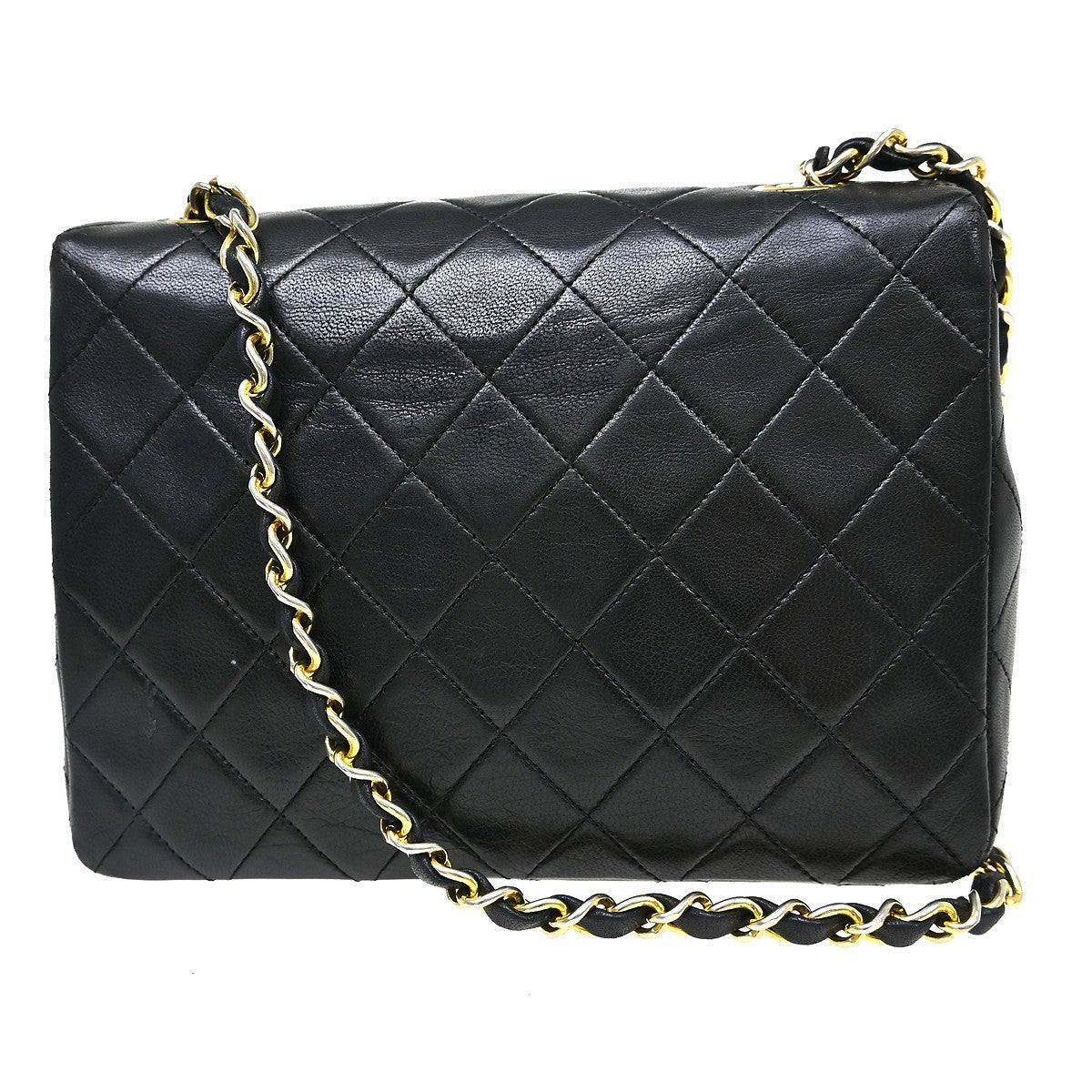 Chanel Vintage Square Classic Single Flap Bag Vertical Quilt Lambskin Black Leather Handbag (Pre-Owned)