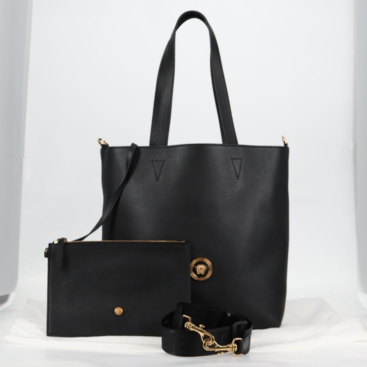 Versace Medusa Tote Leather Black Leather Tote Bag Bag (Pre-Owned)