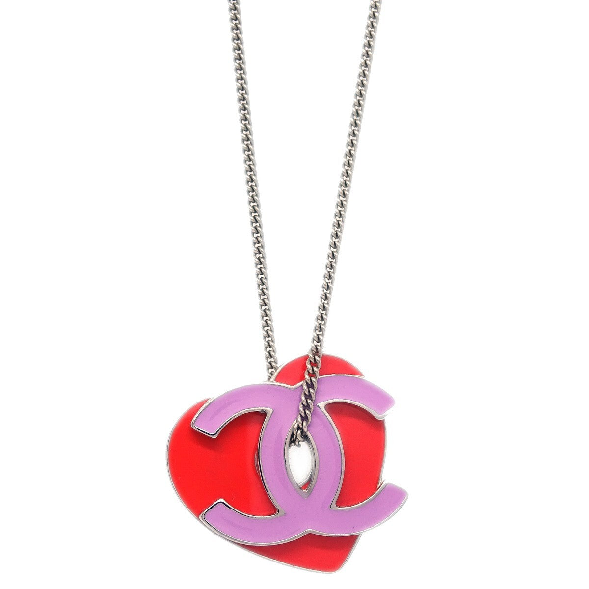 Chanel Cc And Heart Pendant Necklace Metal Silver Silver_Plated Necklace Jewelry (Pre-Owned)