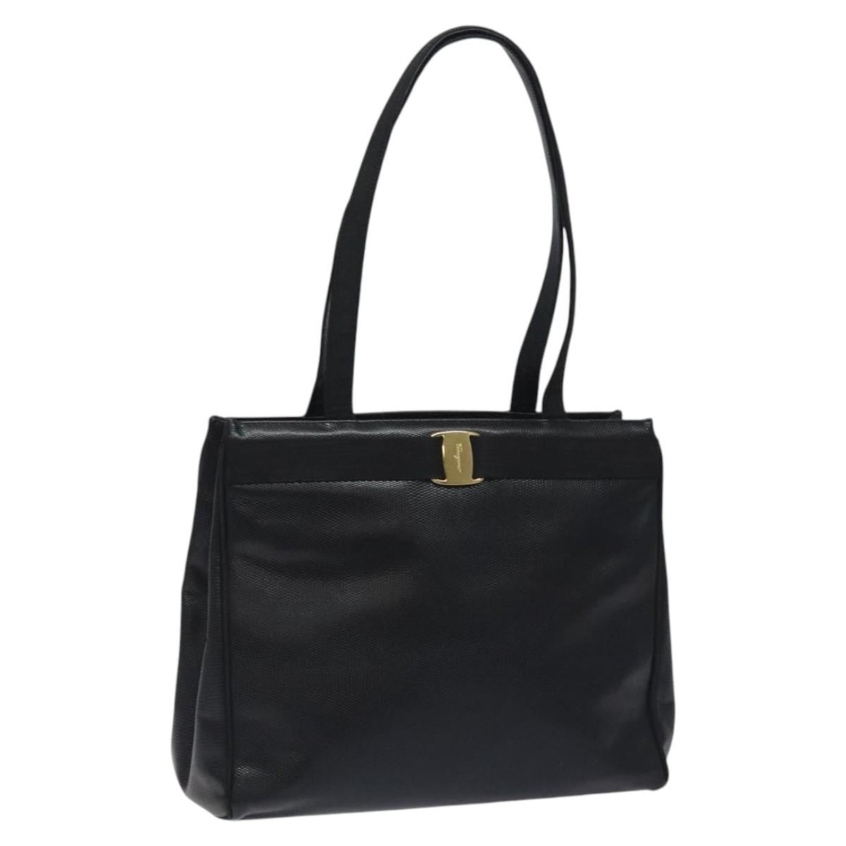 Salvatore Ferragamo Vintage Vara Bow Tote Lizard Embossed Leather Black Leather Tote Bag Bag (Pre-Owned)